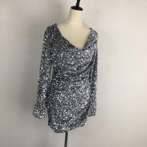 4TH+RECKLESS Long Sleeve Gray Silver Velvet/Velour Sequins Cowl Neck Dress